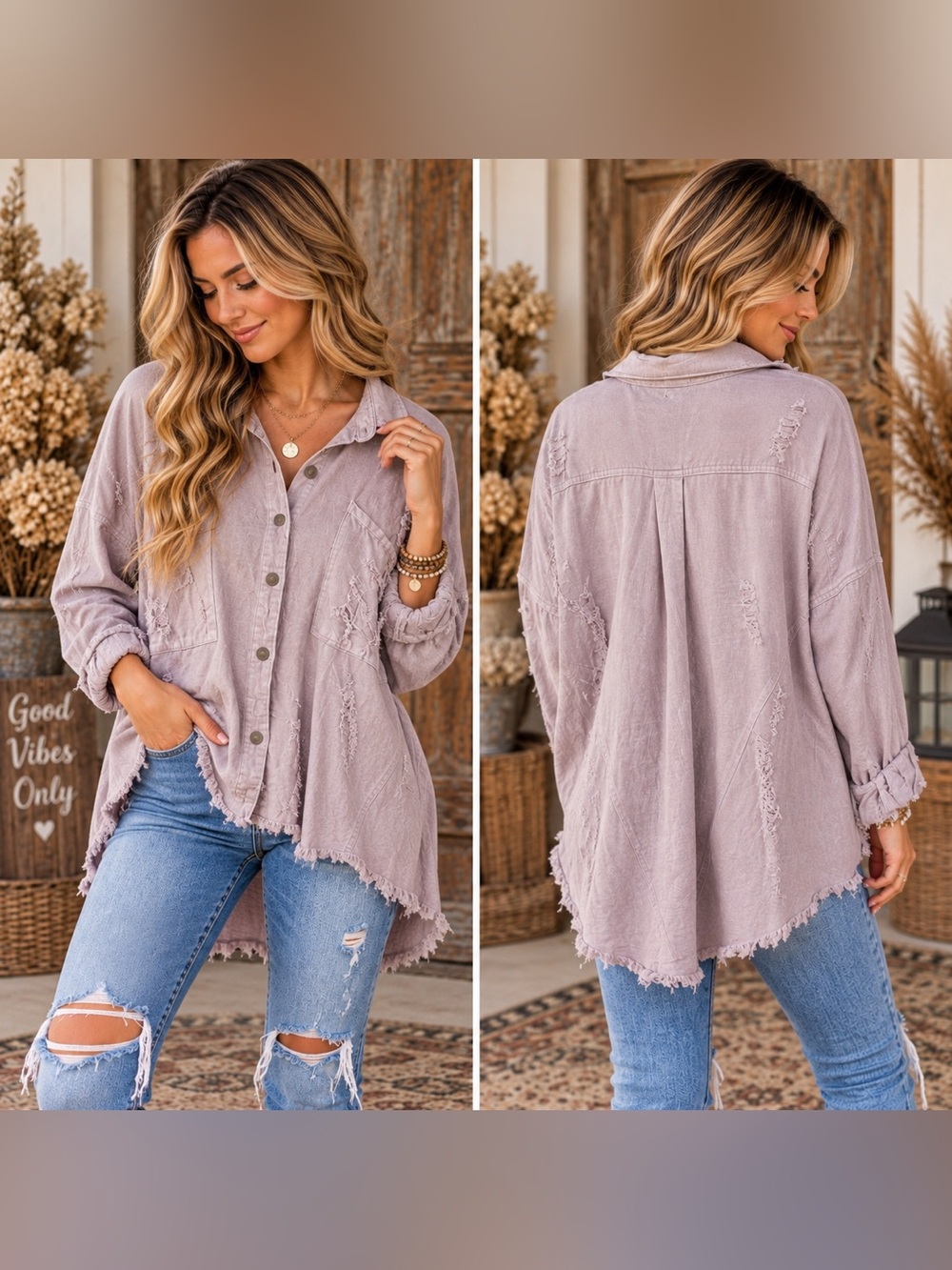 POL Dusty Mauve Frayed Button-Front Shirt
